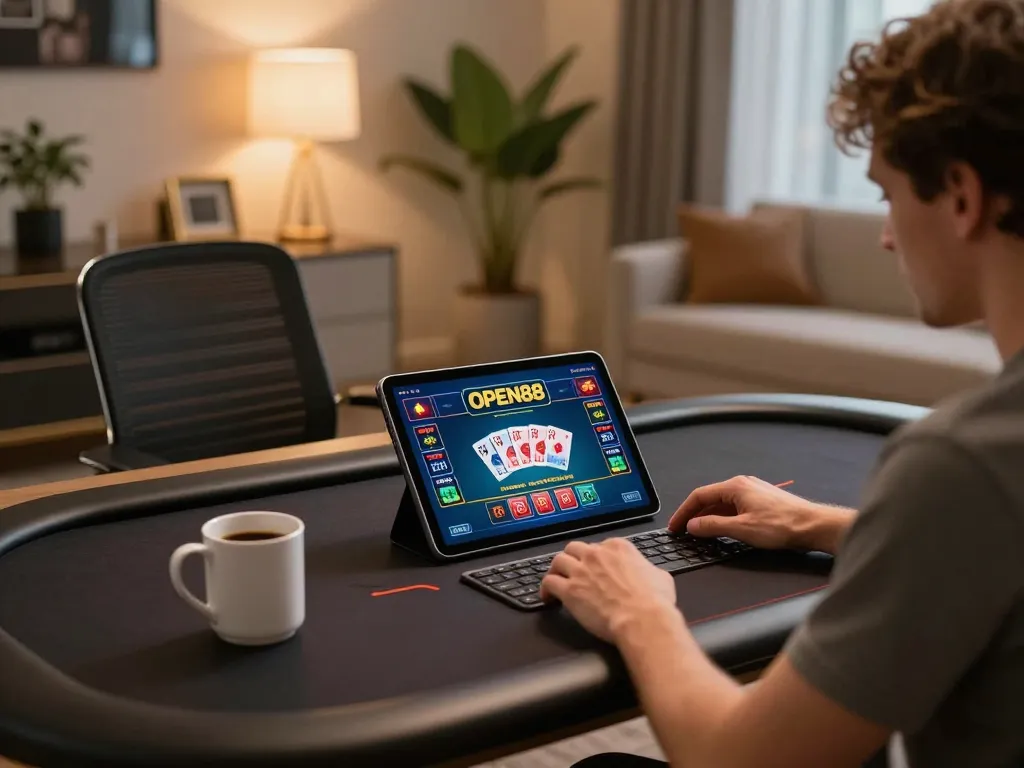 Engaging in online gaming at OPEN88, showcasing a dynamic tablet interface with cards visible