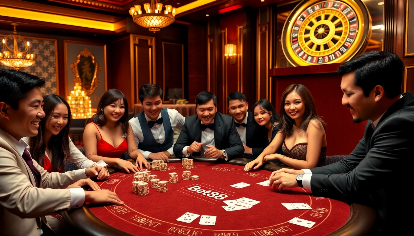 Bet88 players engage in intense poker action at a luxurious casino table.