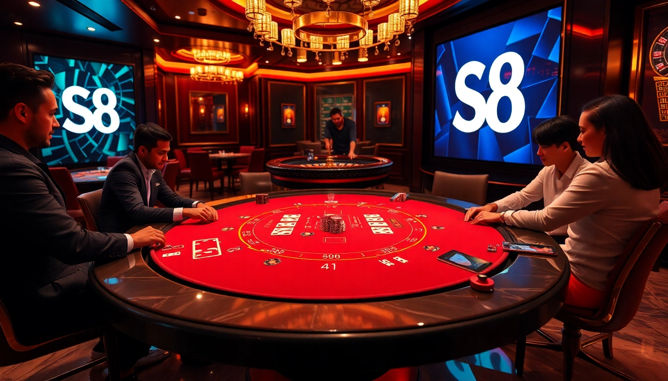 S8 branded poker table scene with players enjoying a thrilling game, emphasizing casino excitement.