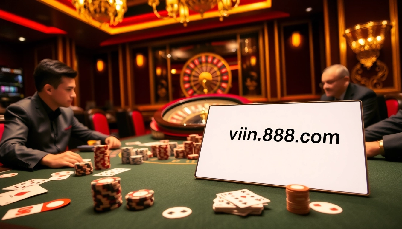 Exciting poker action at an elegant table with high-stakes betting, featuring https://vin88ac.com/ as a key interface.