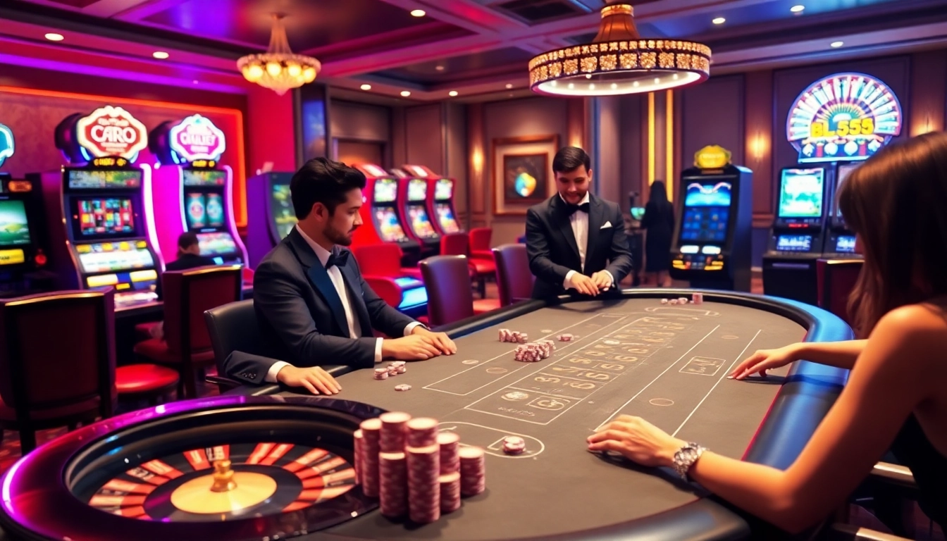 Experience the excitement of BL555 at a luxurious casino table with vibrant gaming elements.