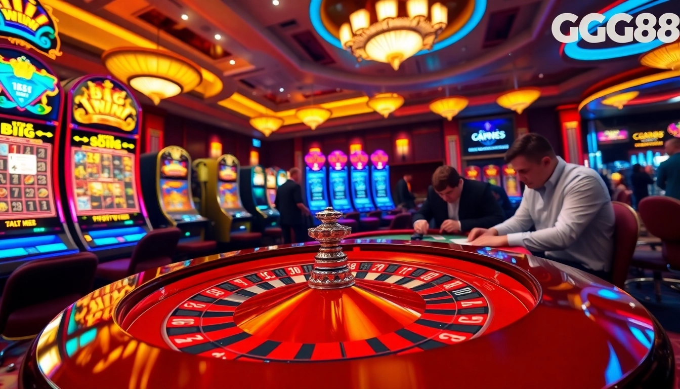 Experience the thrill of winning at https://gg88.mobi/ with an engaging casino scene featuring roulette and slot machines.