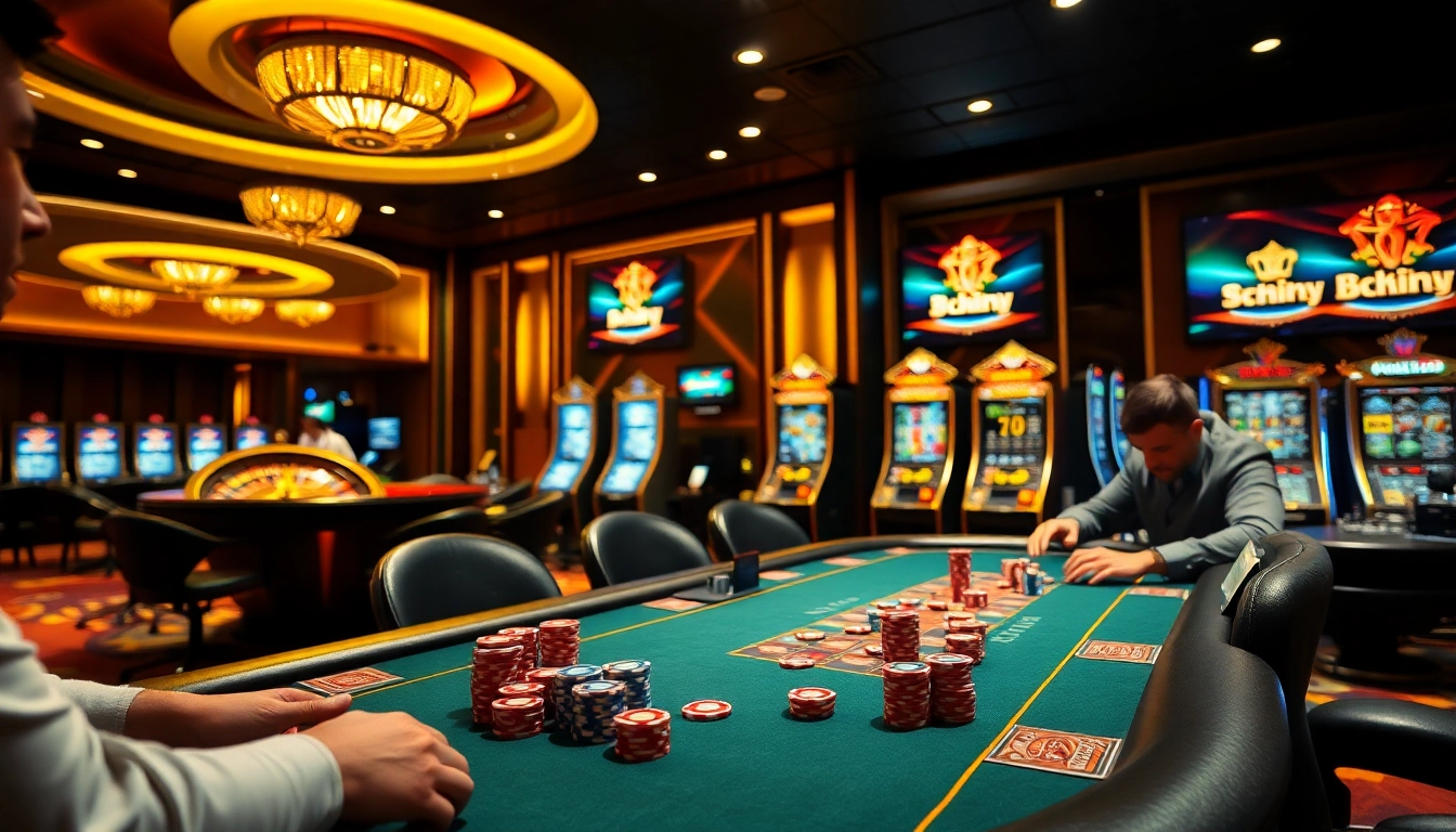 Experience ultimate excitement with 8kbet at a high-stakes poker table surrounded by vibrant casino decor.