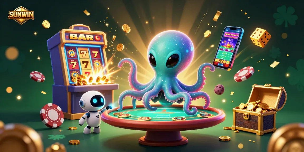 SUNWIN's vibrant gaming scene featuring a cartoon alien octopus, holographic poker, and a jackpot explosion.