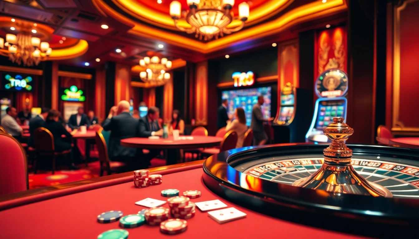 Play exciting casino games at TR88 with vibrant poker chips and roulette wheels.