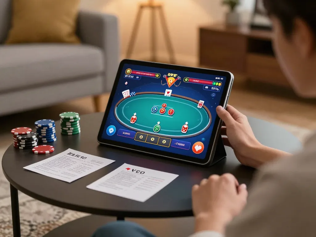 Player exploring SV368HN online gambling on tablet with strategic notes in cozy setting