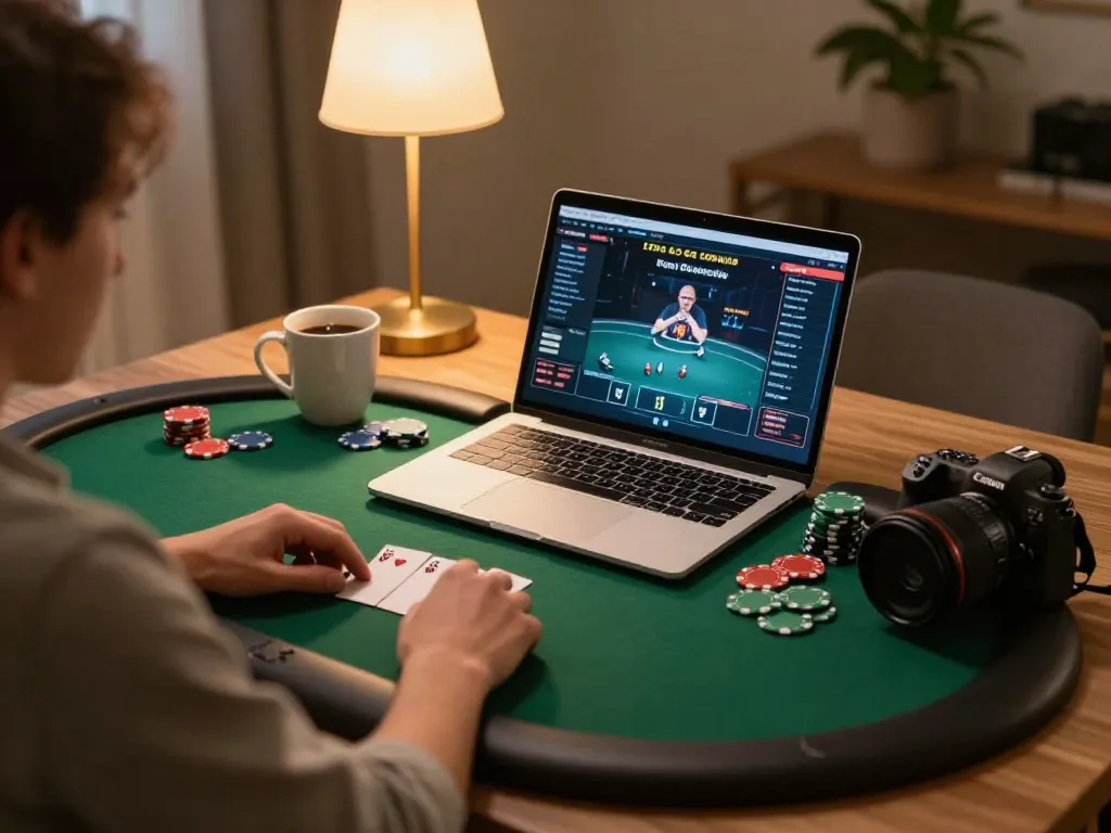 Engaging in strategic poker gameplay on Onbet88 from a cozy home setup, showcasing a detailed screen interface.