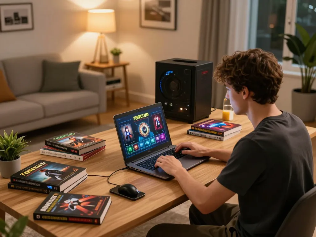 Engaged player enjoying 789club online casino game on a laptop in a cozy home setup.