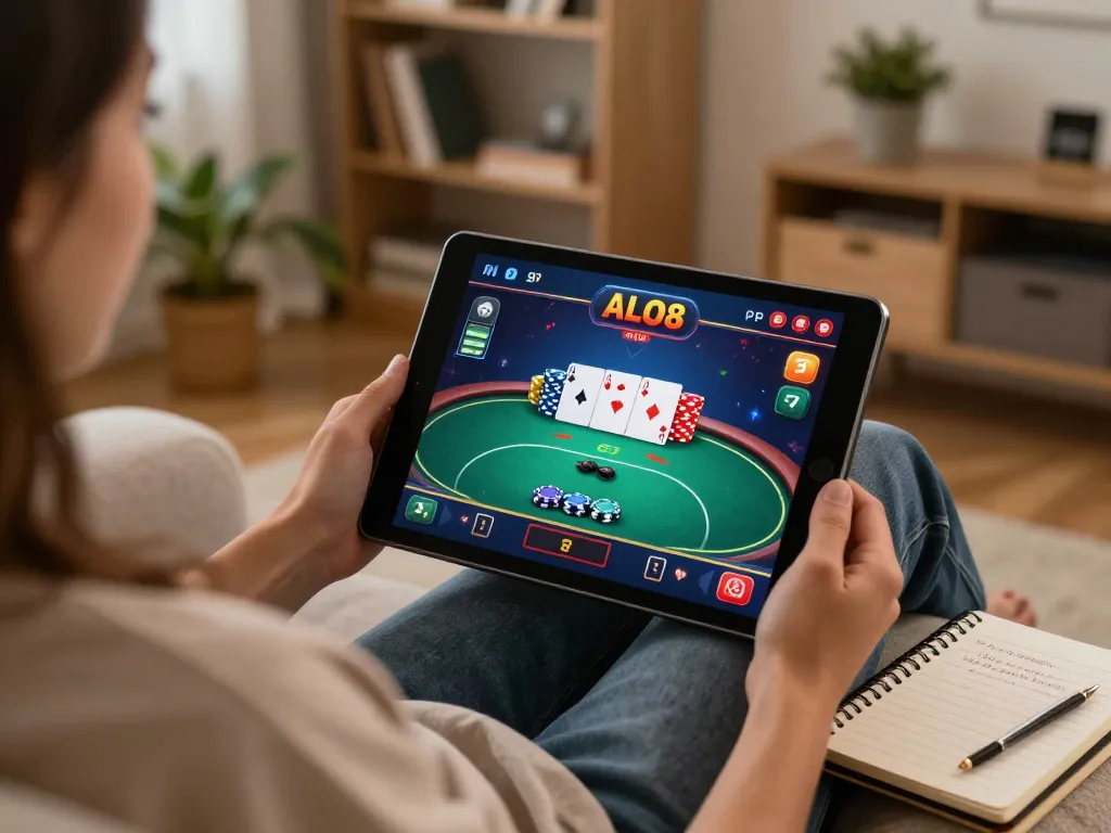 Engaging with ALO8 poker game on tablet in a cozy home setting with strategic notes.