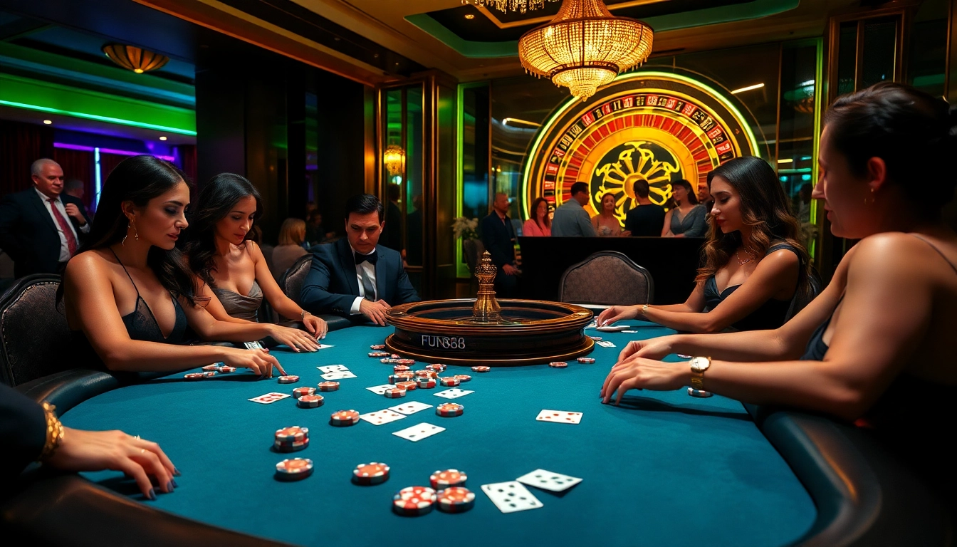 Experience high-stakes action at fun88.social with stylish gamblers at a luxurious poker table.