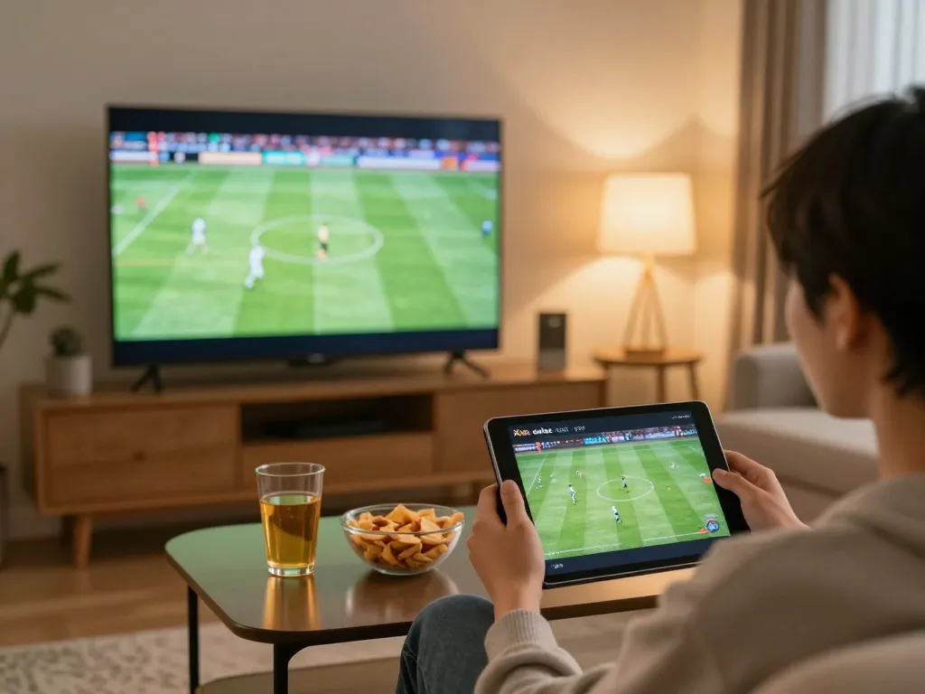 Xoilac xem trực tiếp football match on tablet while enjoying cozy home snacks and drinks