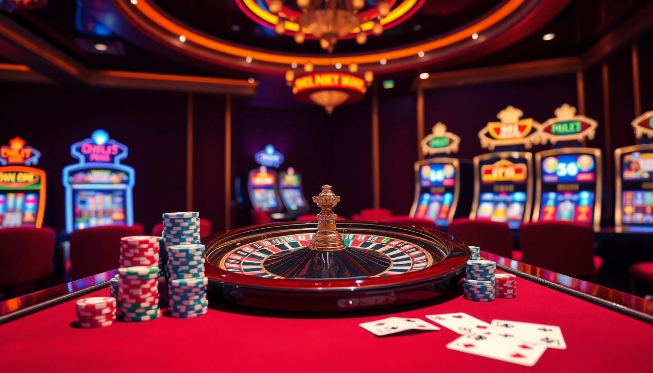 Engaging gambling scene at Onbet com featuring poker chips, roulette wheel, and slot machines.