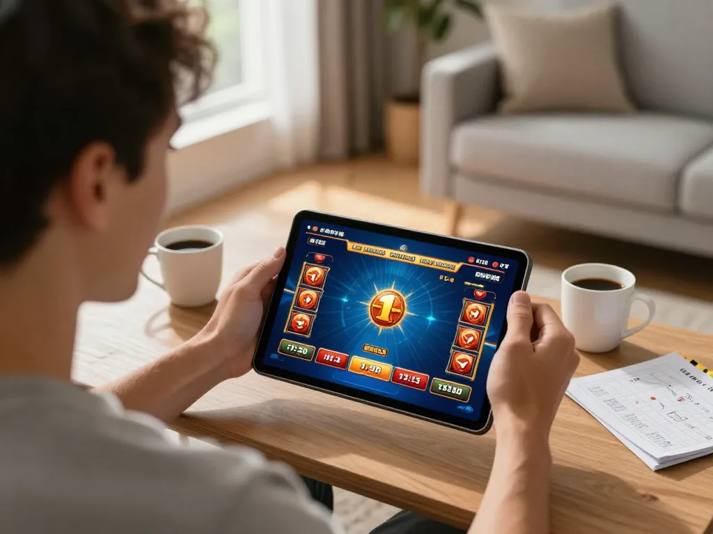 Player winning at Tin88 online casino game from home, tablet screen showing exciting interface and celebrations.
