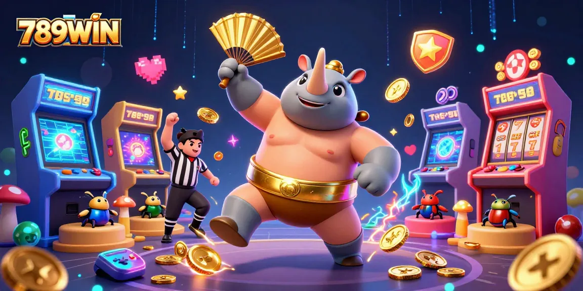 Experience exciting gameplay with 789WIN and a lively sumo beetle champion surrounded by vibrant casino elements.
