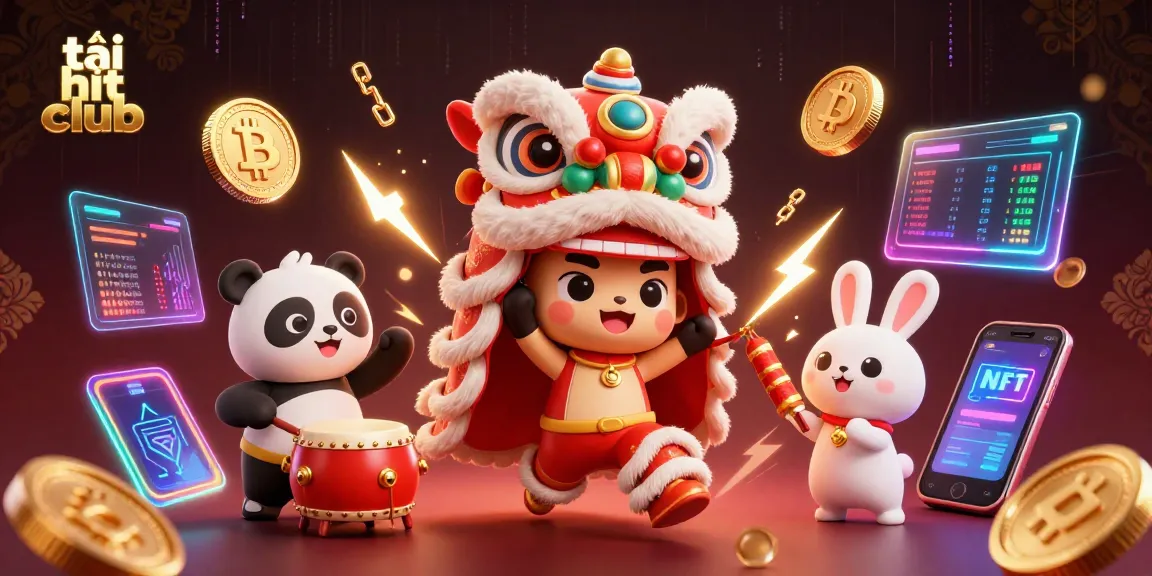 Win exciting bonuses with tải hit club, showcasing vibrant 3D casino characters and crypto elements.