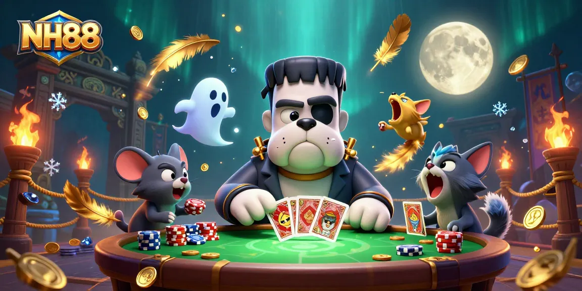 Experience thrilling bets at NH88's vibrant casino scene filled with playful characters and golden elements.