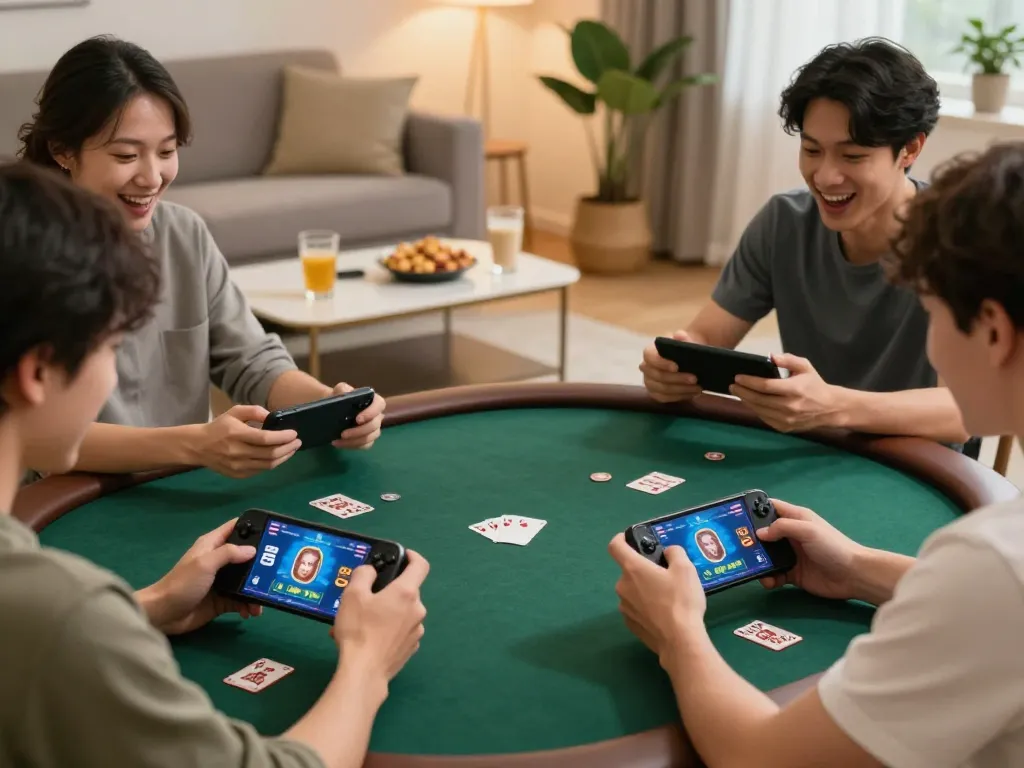 Players enjoying poker on their devices with 58win interfaces in a cozy living room.