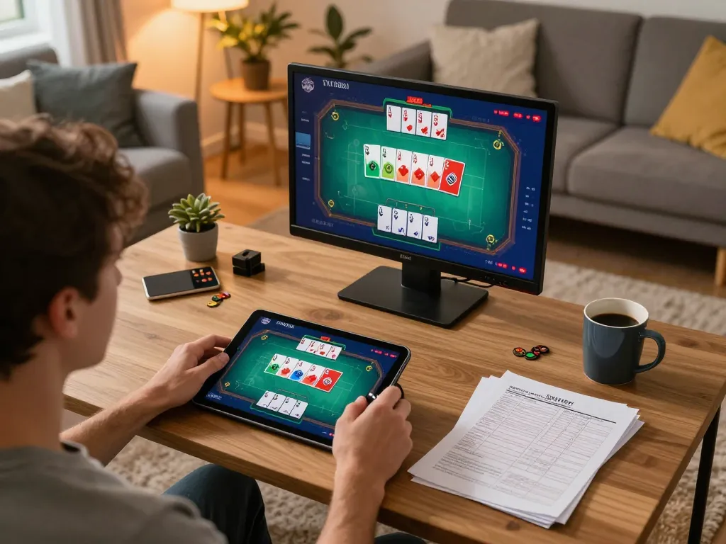 Person enjoying online five88a poker game on a tablet in a cozy home setting.