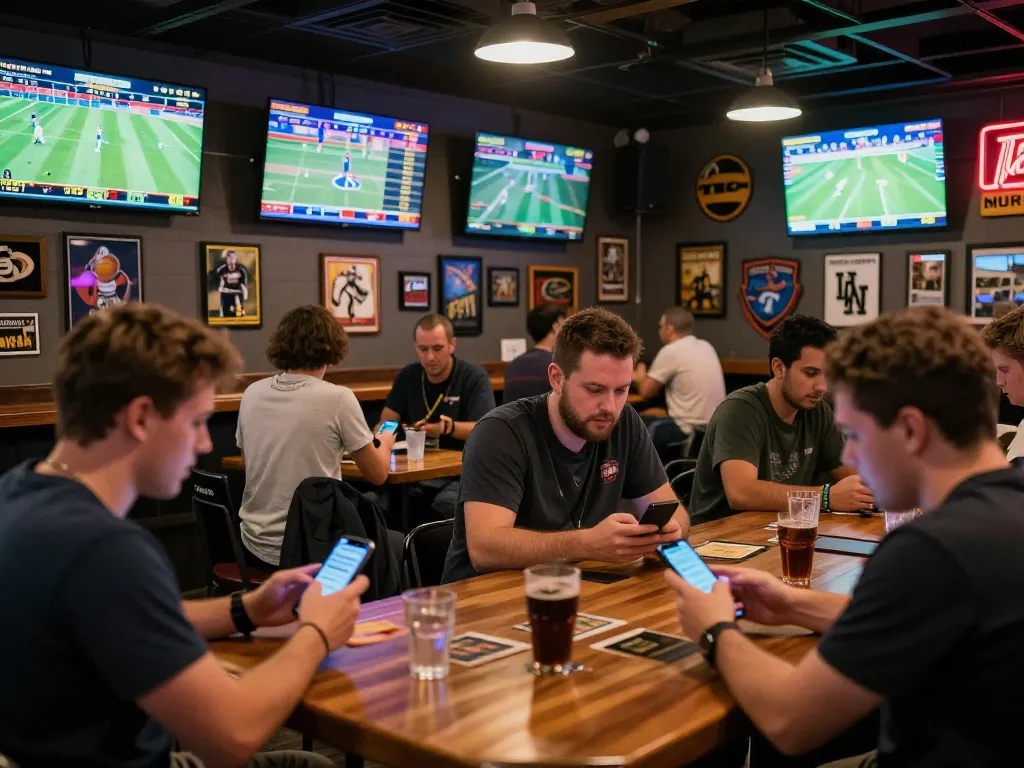 Tỷ lệ kèo nhà cái hôm nay showcased as patrons engage in live sports betting at a bustling venue.