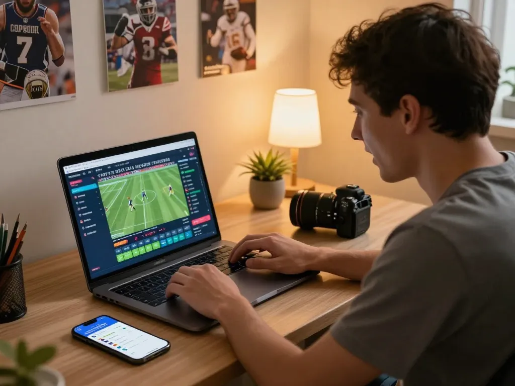 Engaging sports betting scene on laptop showcasing odds and strategy at https://9bet9.in.net