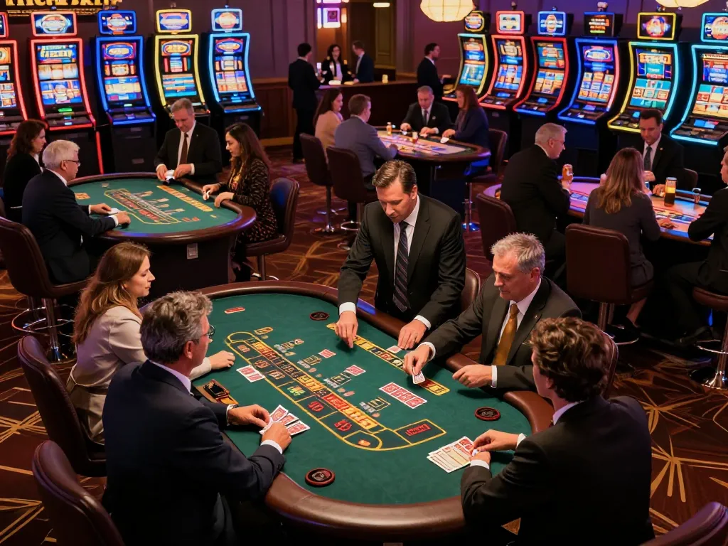 Go88 casino floor bustling with players, dealers managing exciting games, showcasing vibrant gambling atmosphere.
