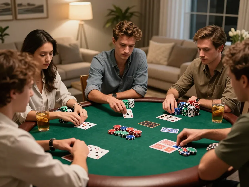 ok8386 players enjoying a competitive poker game at home, vibrant chips and cards create a friendly atmosphere