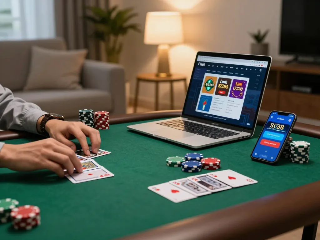 Player engaging with Link SC88 app during home poker session, showcasing strategy and entertainment.