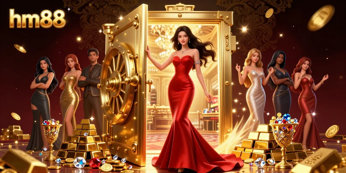 Engage with enticing games at hm88, featuring a grand casino entrance illuminated by gold and elegantly adorned.