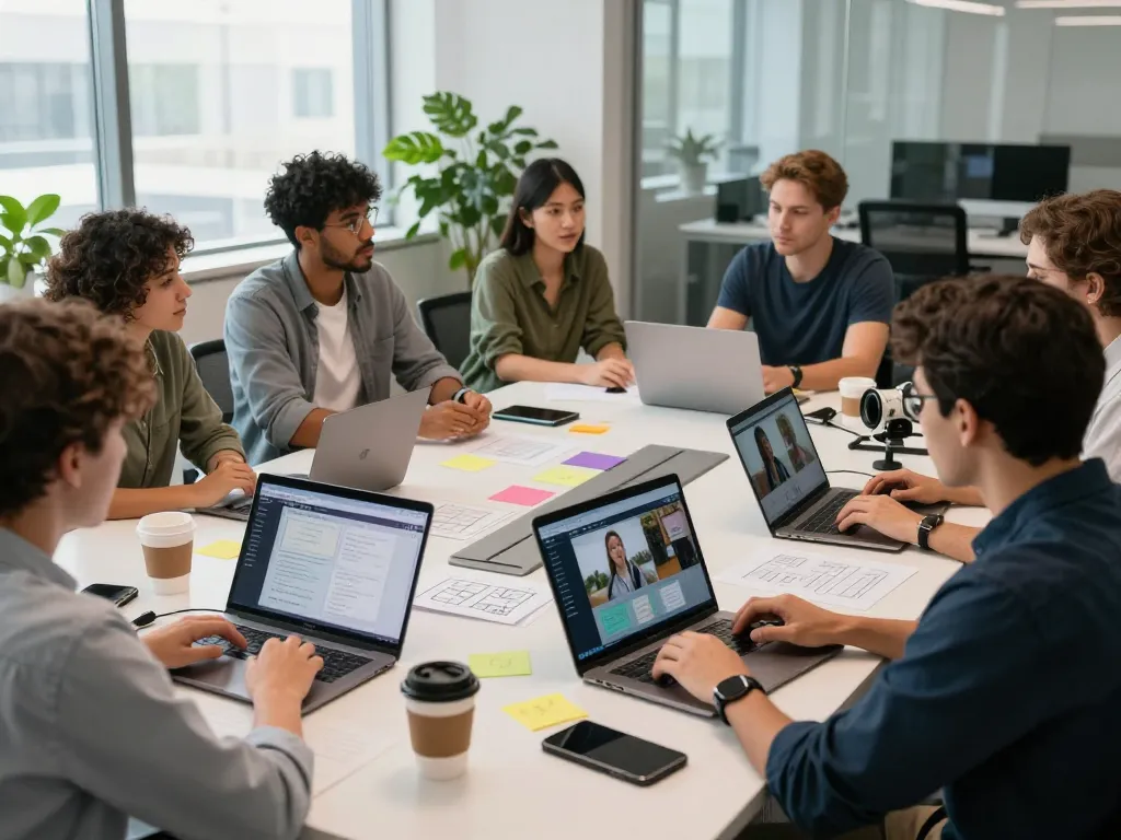 Collaborative team utilizing seedance 2.0 for AI video production, showcasing modern tech workspace.
