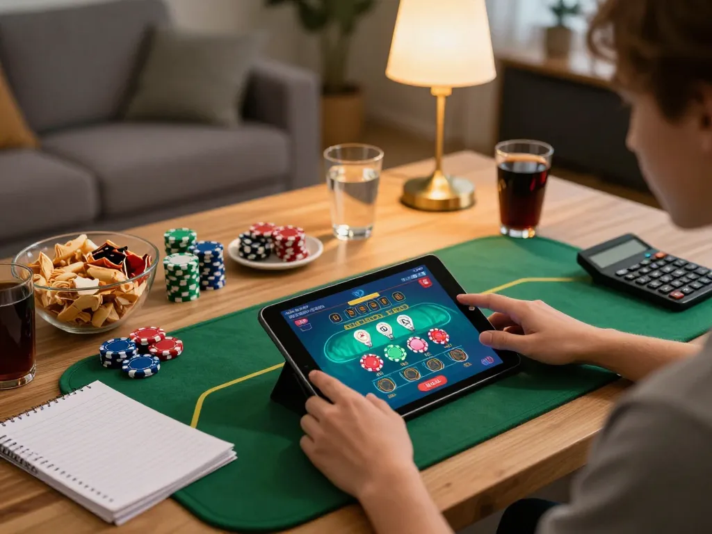 Person engaging in online casino gaming at home with dt68 tablet interface and colorful chips.