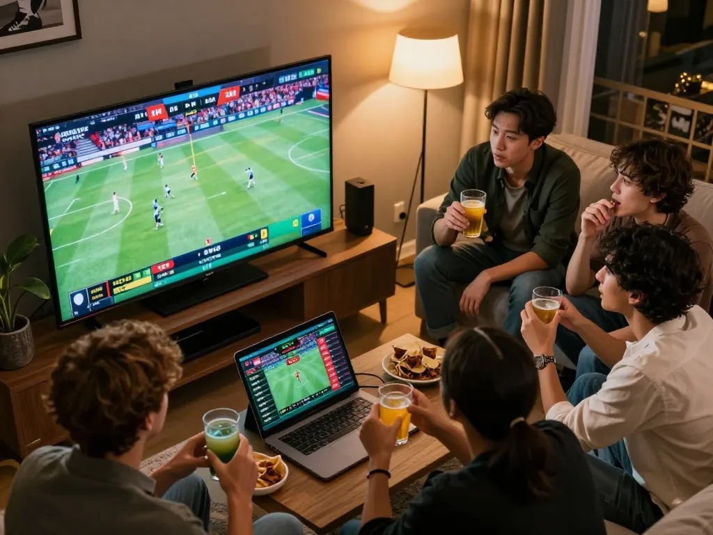 Friends engaged in lively sports betting while watching a game with the 90phut app active on their phones.