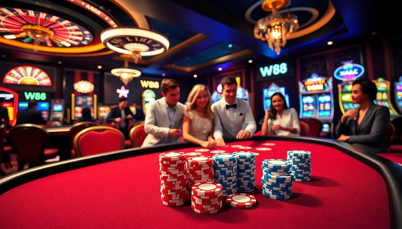 Experience thrilling gameplay at W88’s luxurious casino table with vibrant poker chips.