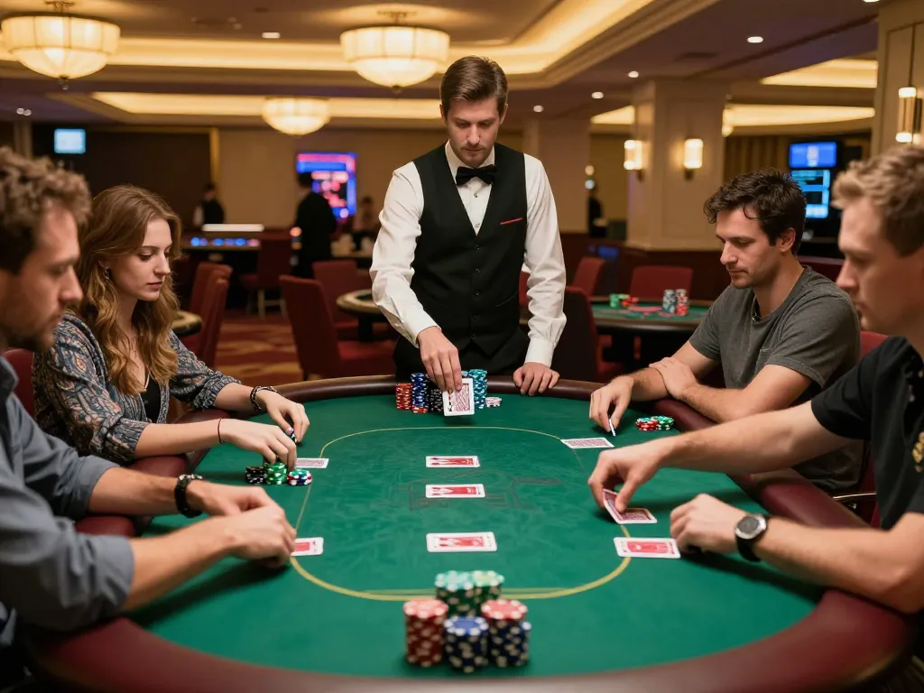 Engaging players compete at a lively poker table in a casino, highlighting mb66 gaming strategy.