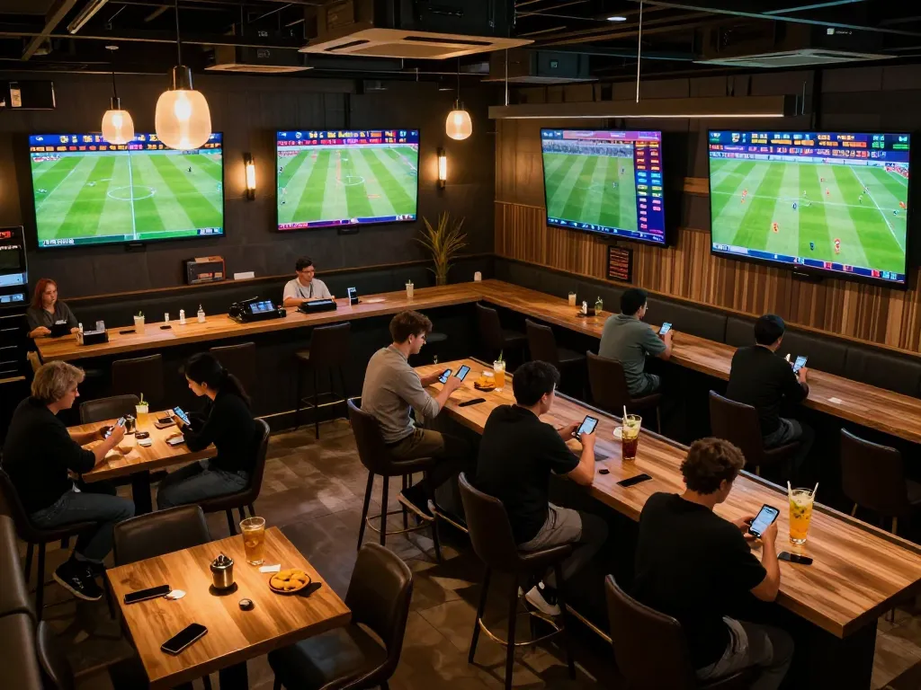 Engaging atmosphere at a sports bar with live soccer matches, patrons placing kèo nhà cái bets on their smartphones.