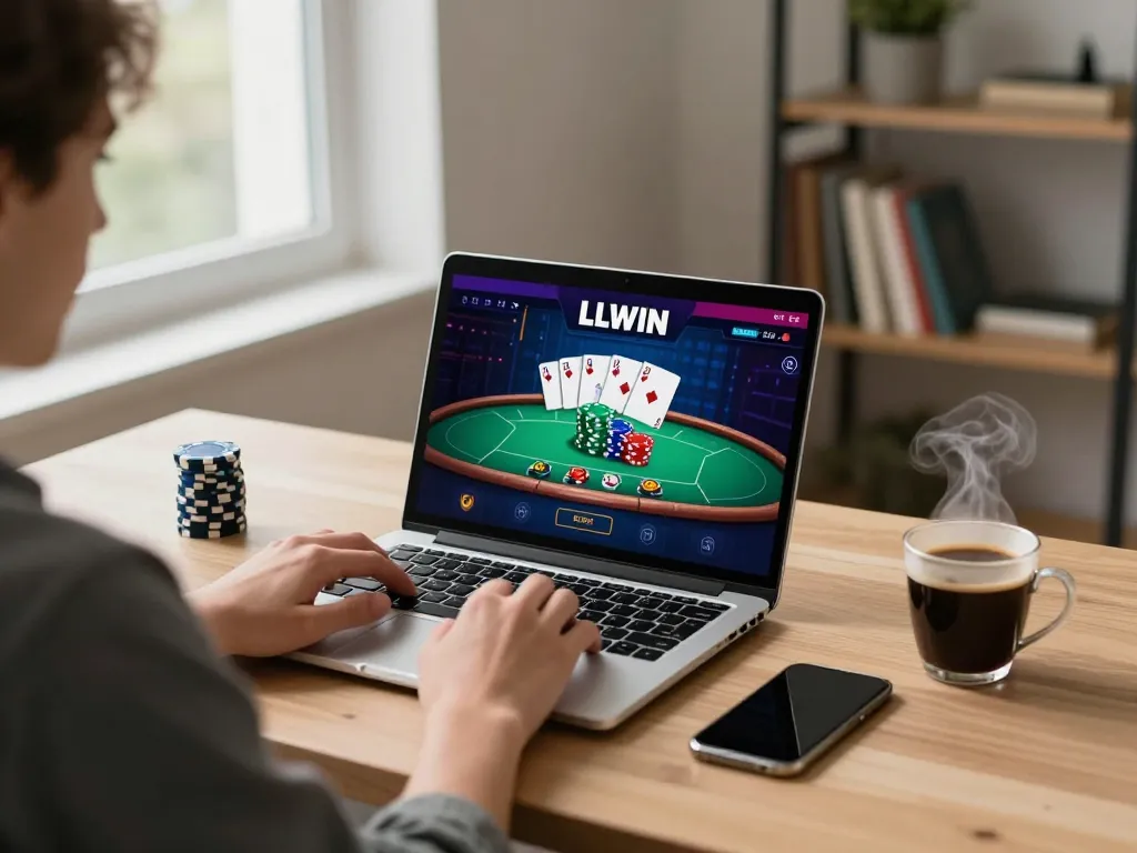 Player engaging with LLWIN's online casino on a laptop, showcasing a vibrant poker game in a stylish home office.