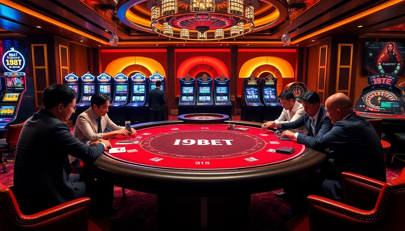 I9BET casino scene featuring players at a gaming table with colorful slot machines in the background.