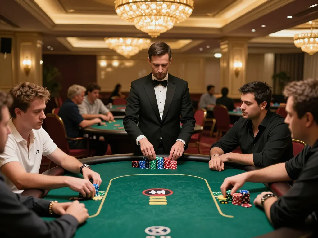 vb88 poker players strategizing intensely during an exciting game in a lavish casino setting