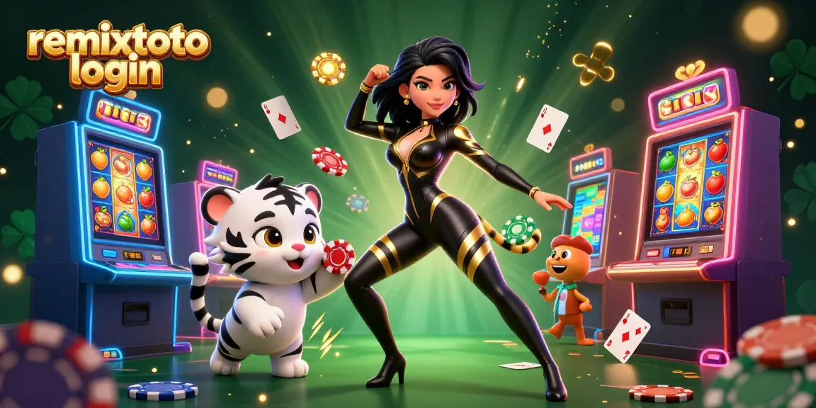 Experience remixtoto login with an action-packed 3D casino illustration showcasing thrilling slot machines and playful elements.