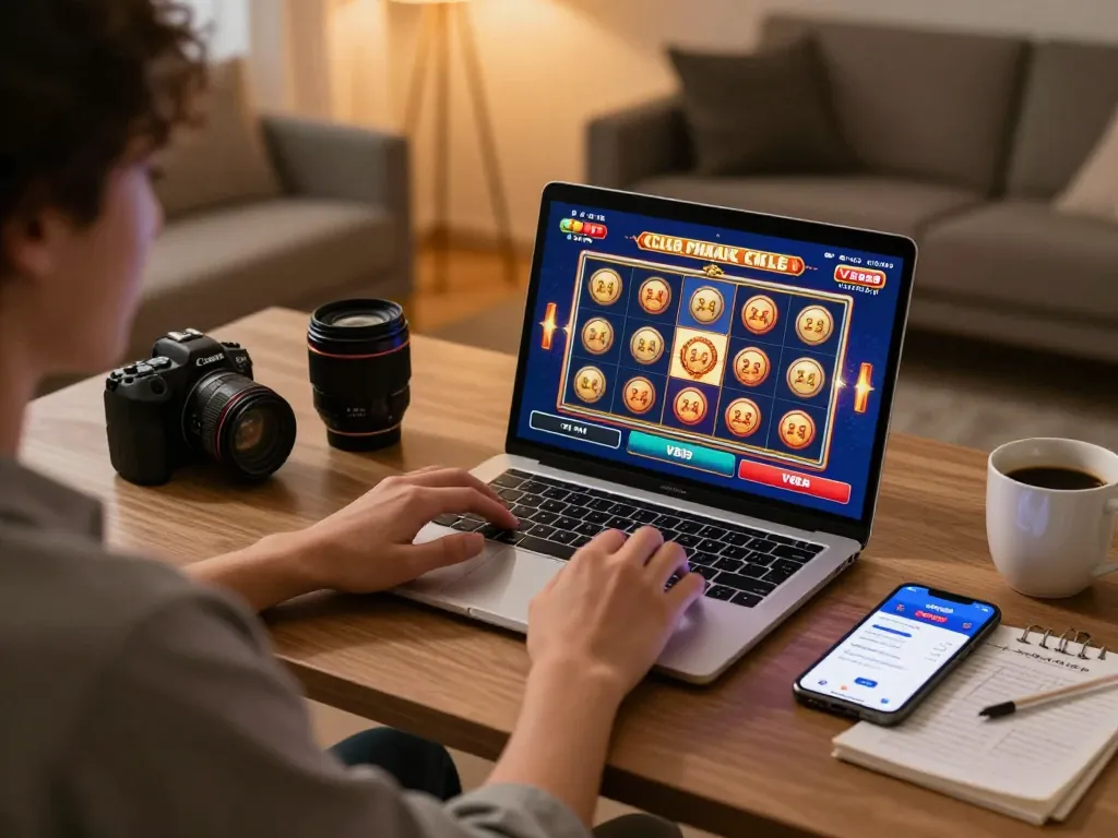 Person playing online casino games on laptop with VB88 app open, showcasing responsible gaming.