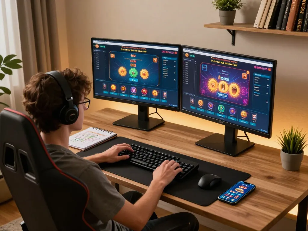 Engaging in online gaming focused on incakoin strategies at a stylish home setup with dual monitors