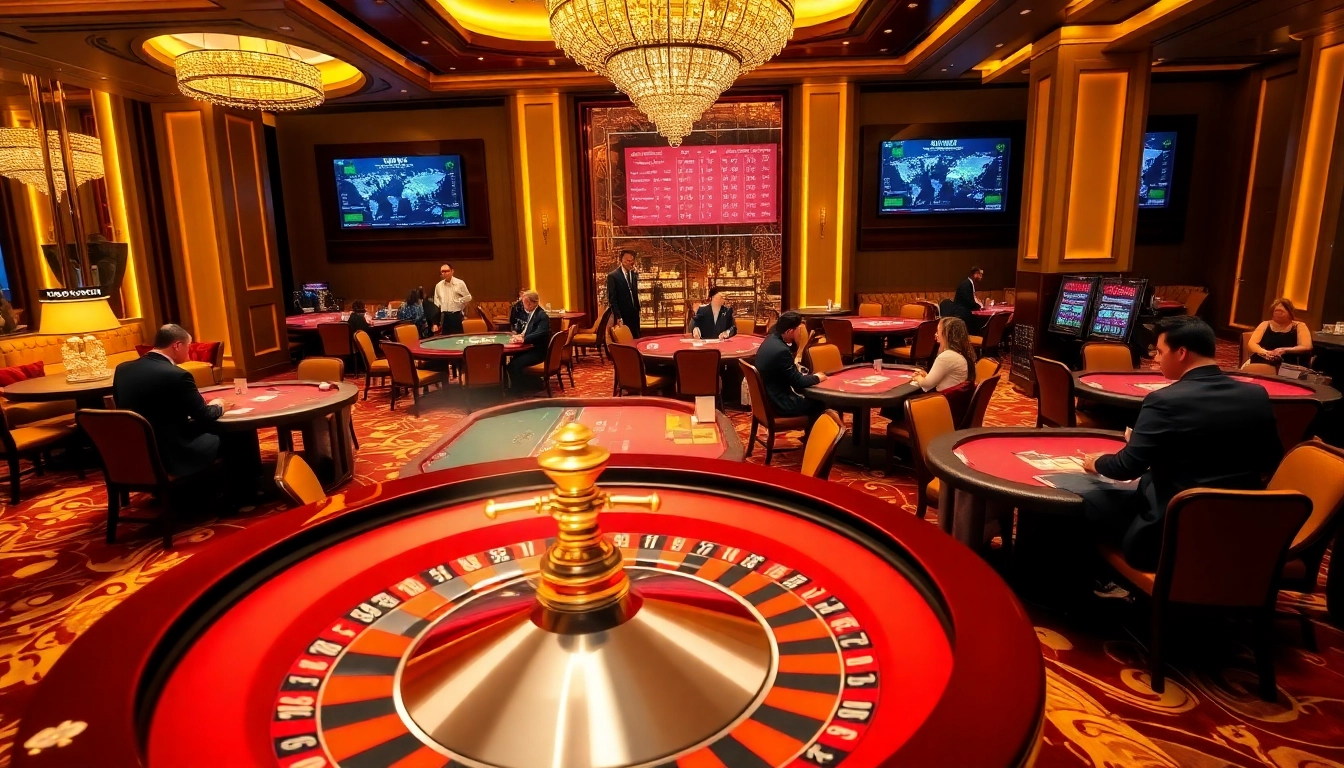 Experience the vibrant gaming atmosphere at Mocbai with luxury casino tables and excited players.