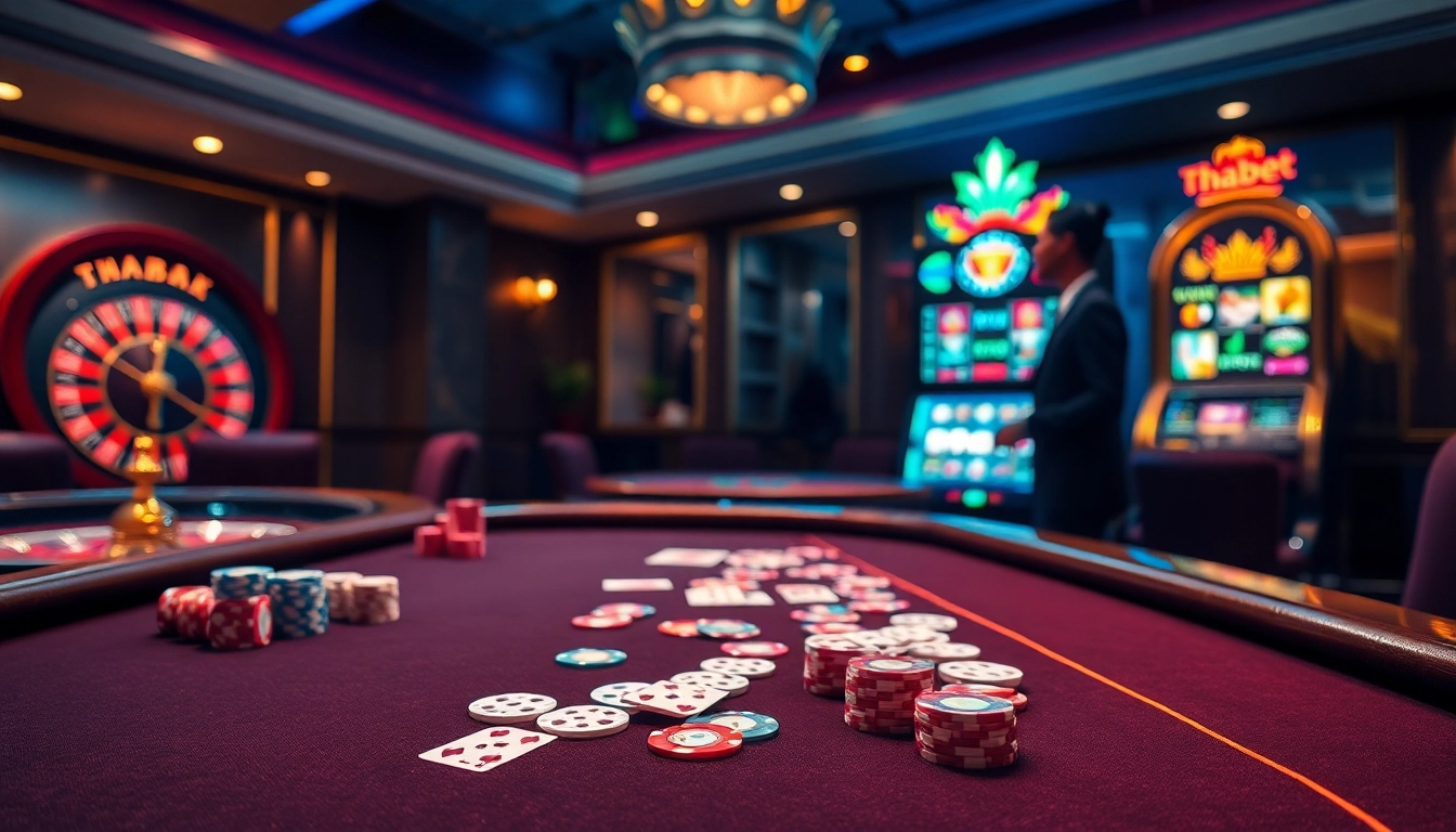 Experience the excitement of thabet at a luxurious casino table with vibrant gaming elements.