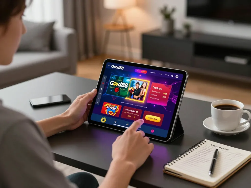 Enjoy a winning experience with Good88 casino app on a sleek tablet in a comfortable home setup.