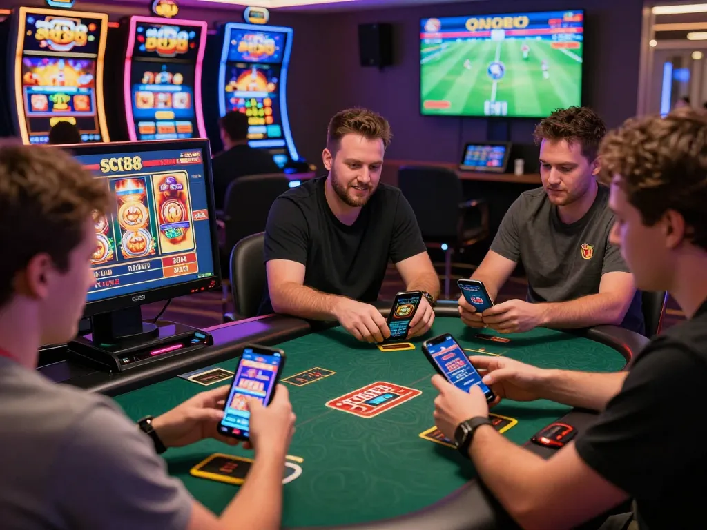 Players engaging with the SC88 app in a vibrant online gambling environment filled with casino games, showcasing excitement and interactivity.