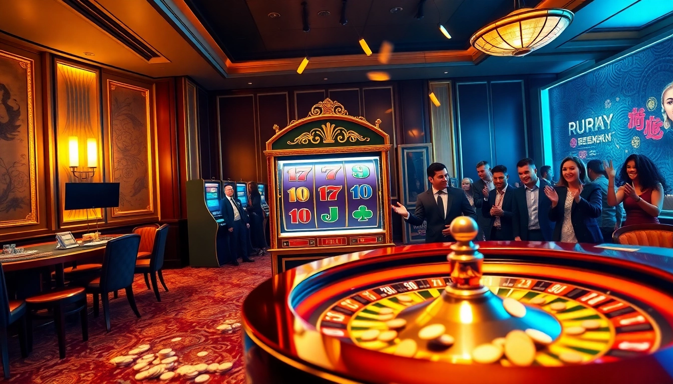 Experience nổ hũ excitement at a luxurious casino scene showcasing thrilling slot machines and vibrant players.