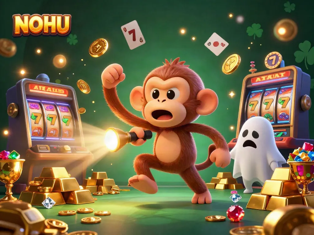Experience thrilling gameplay at NOHU with a playful ghost-hunter puppy tracking a mischievous monkey in a vibrant casino scene.