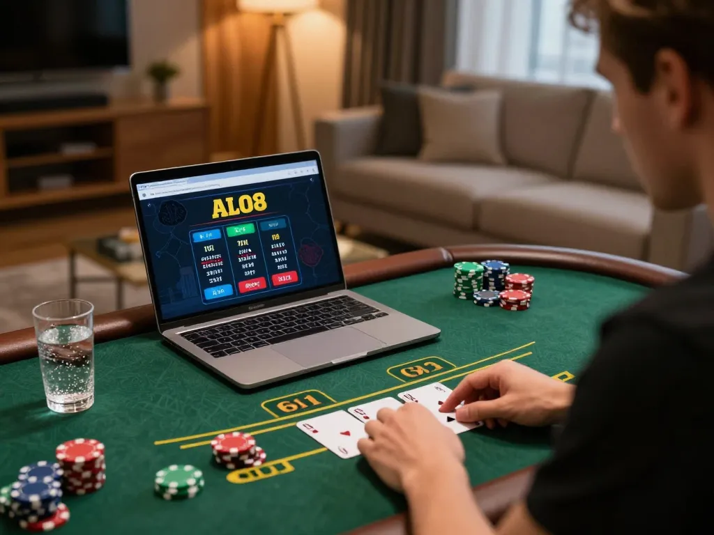 Player enjoying a live dealer game on ALO8, showcasing strategic moves in an elegant home setting.