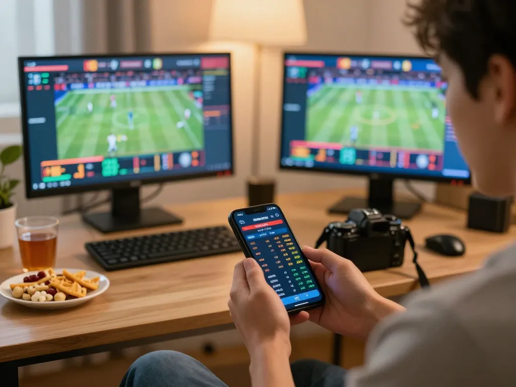 Engaged user betting on vipwin2 sports app with smartphone and live odds in dynamic home setup