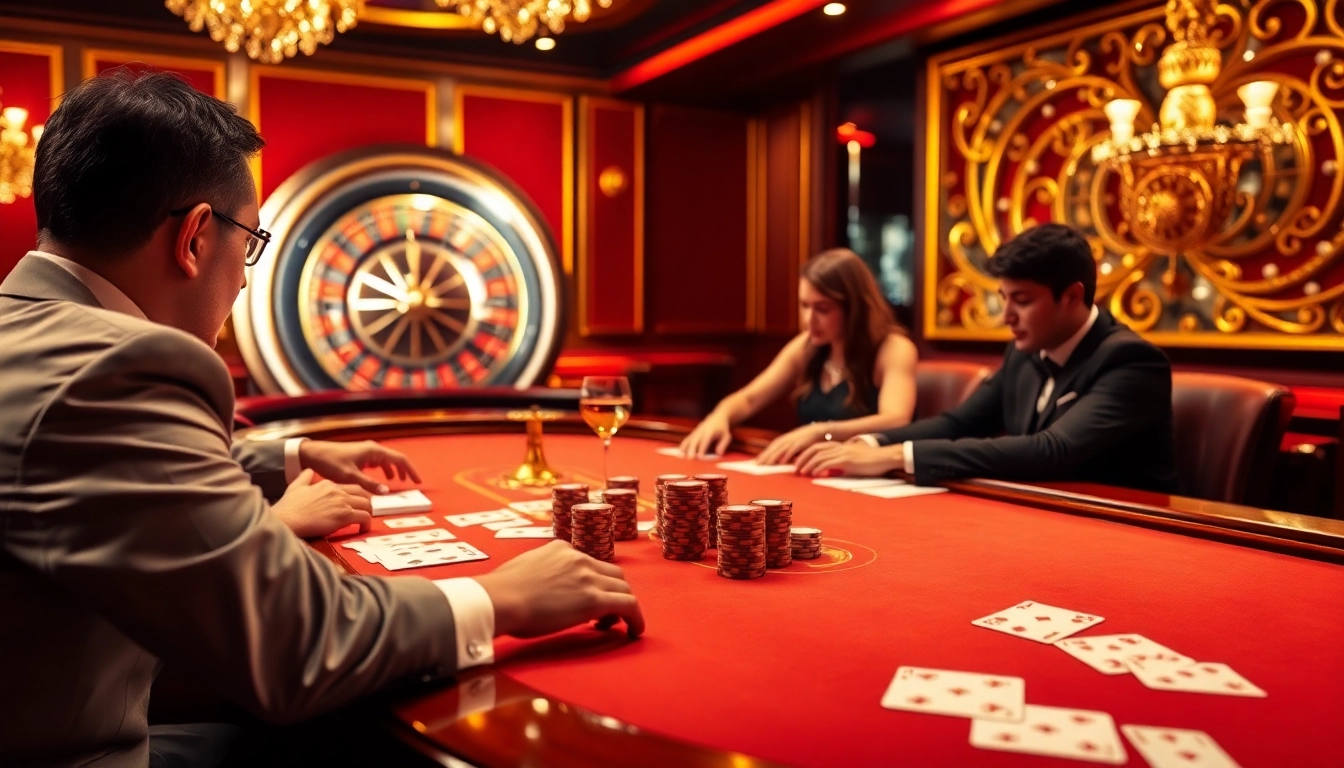 Players enjoying a high-stakes poker game at 789p casino, surrounded by chips and cards.