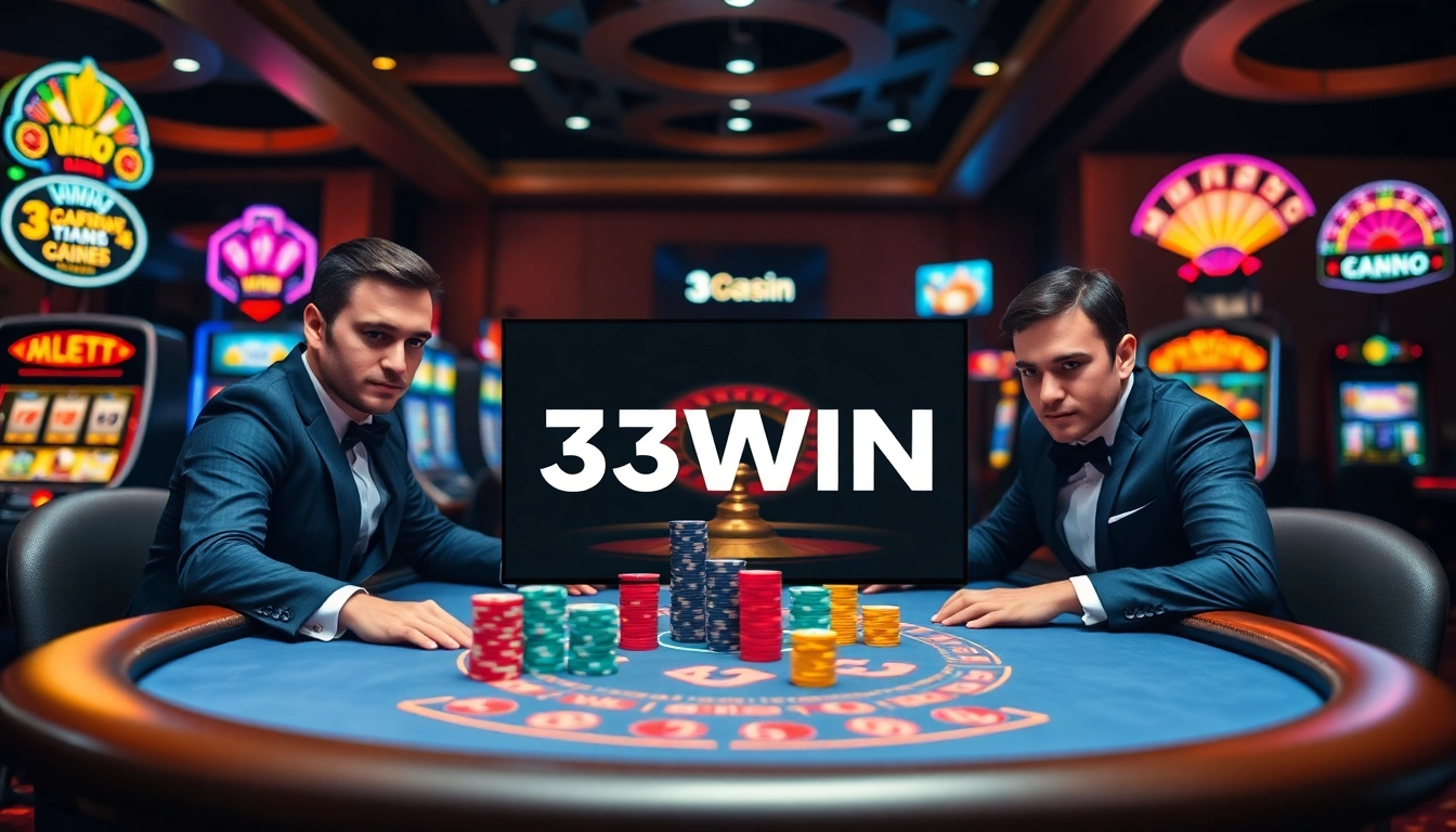 Players engaging in high-stakes poker at 33WIN online casino with vibrant chips and thrilling ambiance.